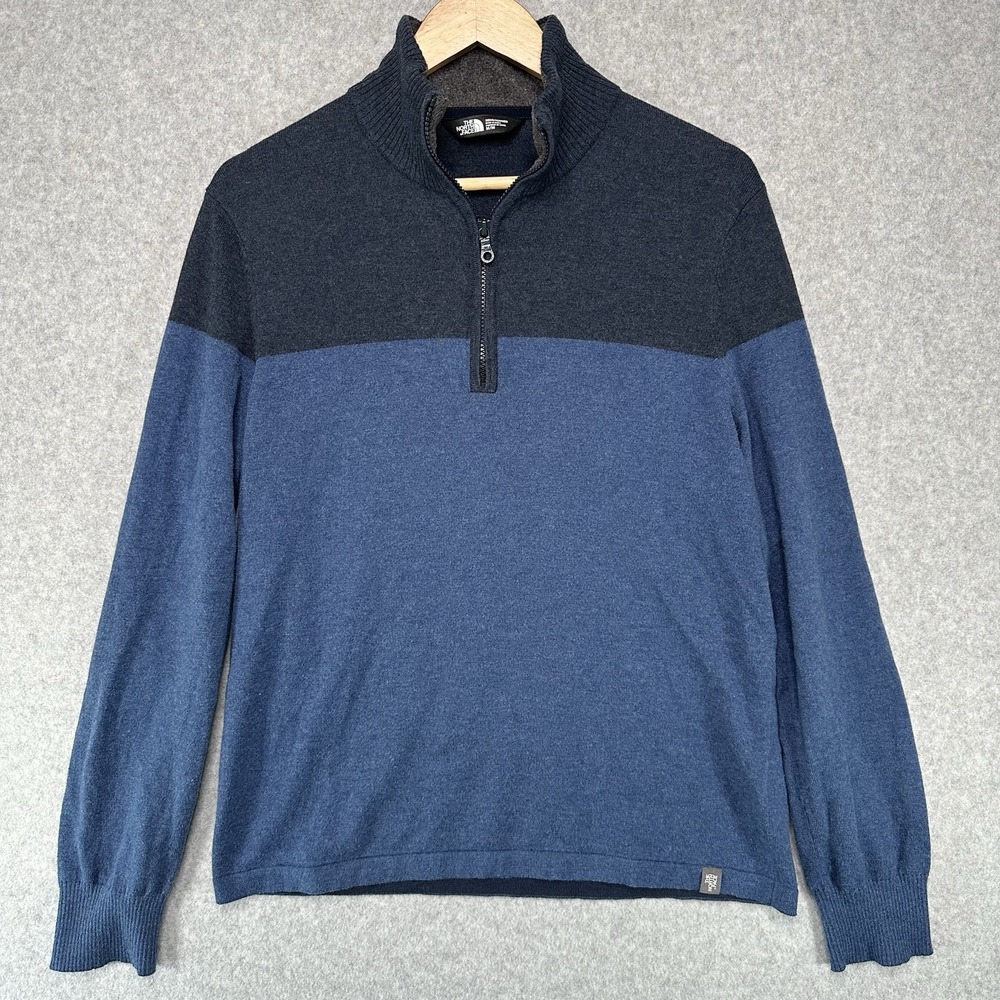 TNF The North Face Mens Blue Sweater Colorblock‎ 1/4 Zip Wool Blend Size Medium